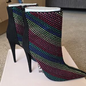 JustFab Rhinestone Embellished Black Ankle Boots with Multicolor Gems NIB